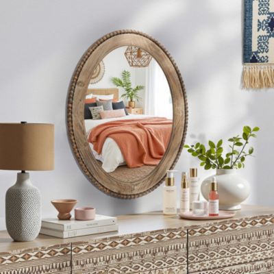 32-Inch Cameo Wood Framed Accent Wall Mirror Large Oval Wall Mounted Mirror Farmhouse Wall Decor