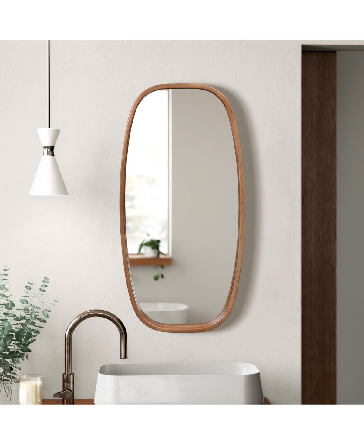 Luxenhome Natural Rubberwood Frame Rounded Rectangle Wall Mirror In Brown