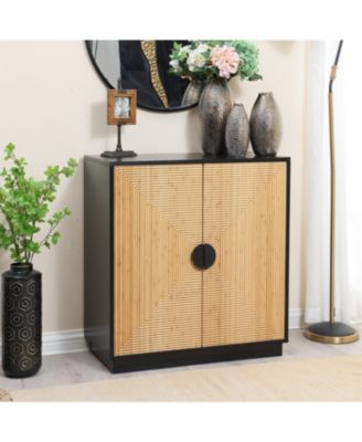 Mid Century Modern Boho 2-Door Black Bamboo Strips Accent Buffet Cabinet with Storage
