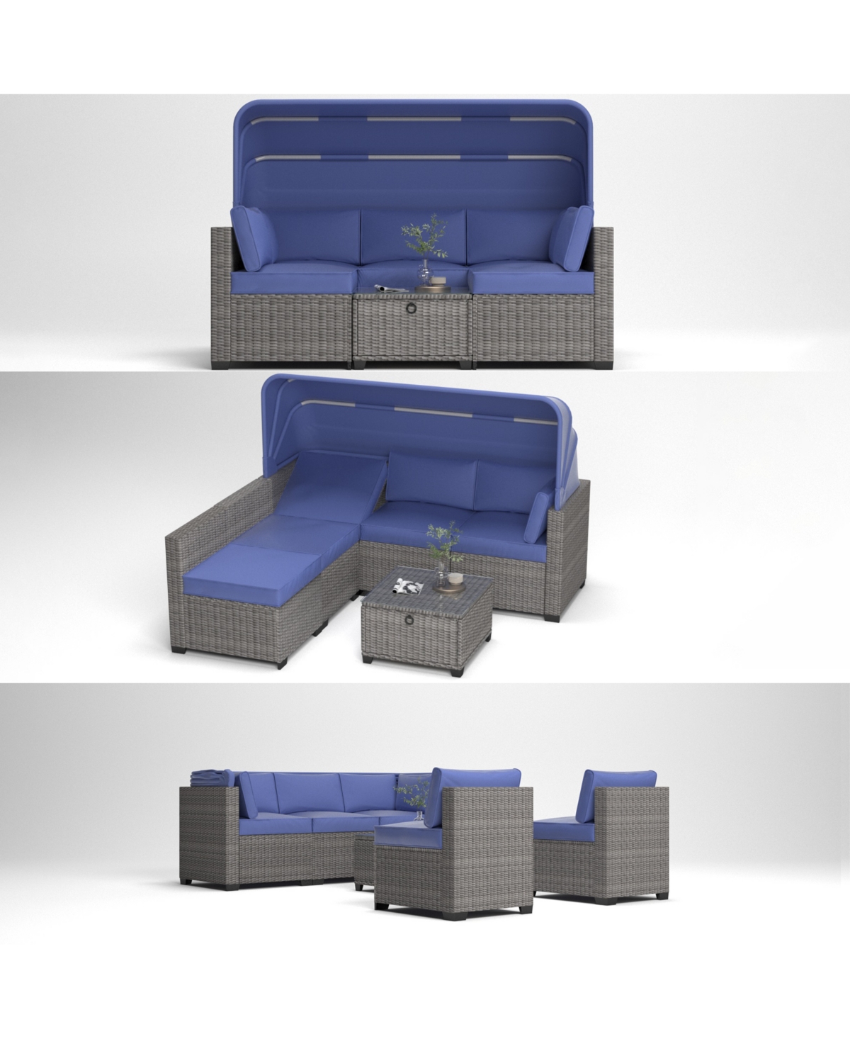 Streamdale Furniture 6 Pieces Patio Furniture Sets, Outdoor Rattan Daybed with Retractable Canopy, Outdoor Sectional Sofa Set with Adjustable Backrest