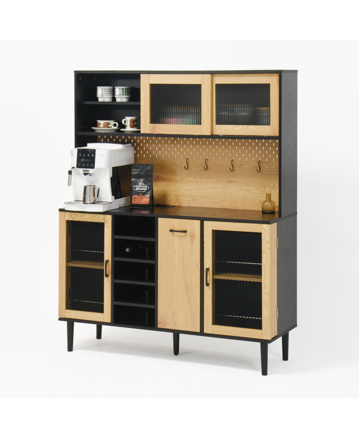 Streamdale Furniture 59" H Buffet Sideboard Cabinet with Storage Door & Power Outlet, Farmhouse Coffee Bar Cabinet with Wine Rack, Kitchen Pantry Livi