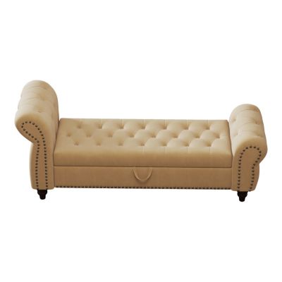 Khaki Velvet Bed Bench with Storage