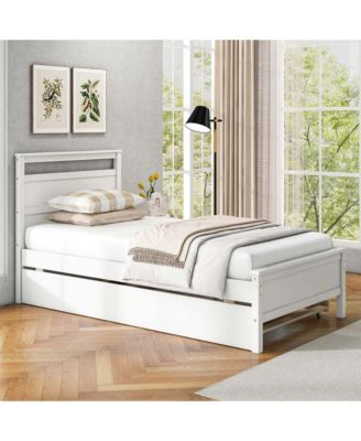 Twin Size Platform Bed with Trundle Pull-out Trundle Headboard & Footboard