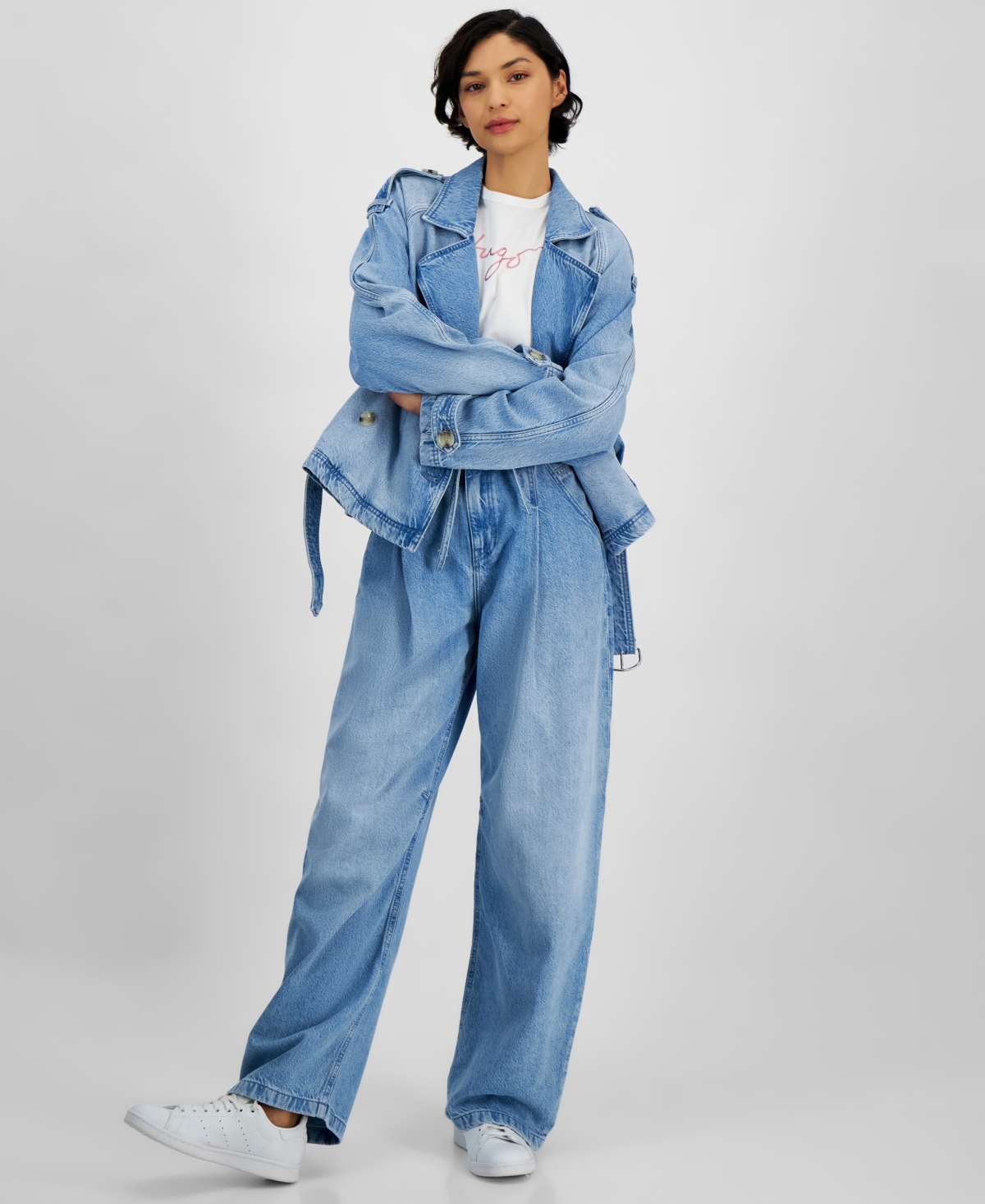 Women's Oversized-Collar Belted Jean Jacket - Denim