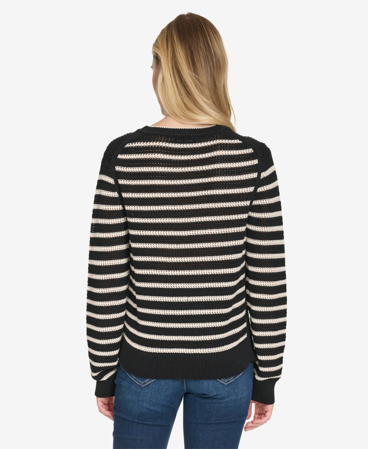 Nautica Jeans Women's Long Sleeves Pointelle Crew Neck Sweater In Black,white Swan