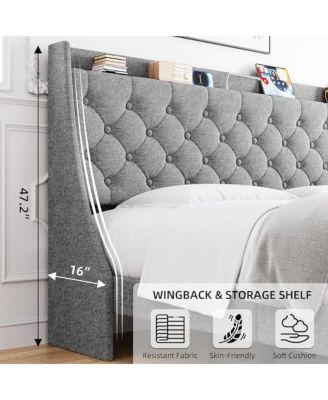 King Size Bed Frame with Upholstered Wingback Headboard, Luxurious Linen Upholstery Platform Bed with Charging Station, Button Tufted Design, No Box Spring Needed, Light Grey