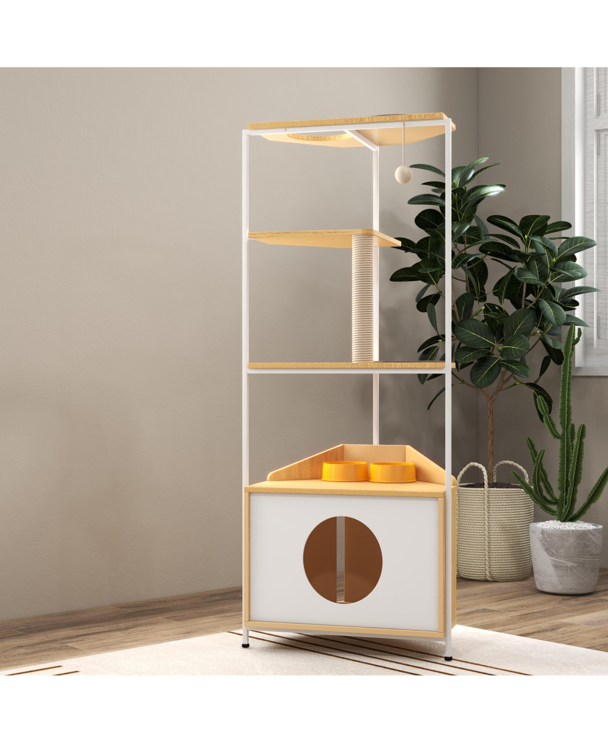 Slickblue Corner Cat Tower, Cat Tree with Scratching Post, Cat Condo with Feeding Station and Climbing Platforms, Pet Furniture for Indoor Cats - Whit