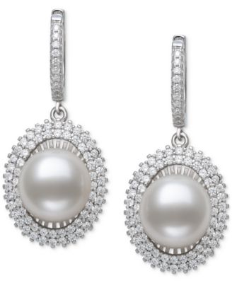 Peacock Black Cultured Freshwater Pearl & Cubic Zirconia Halo Drop Earrings in Sterling Silver (Also in White Cultured Freshwater Pearl)