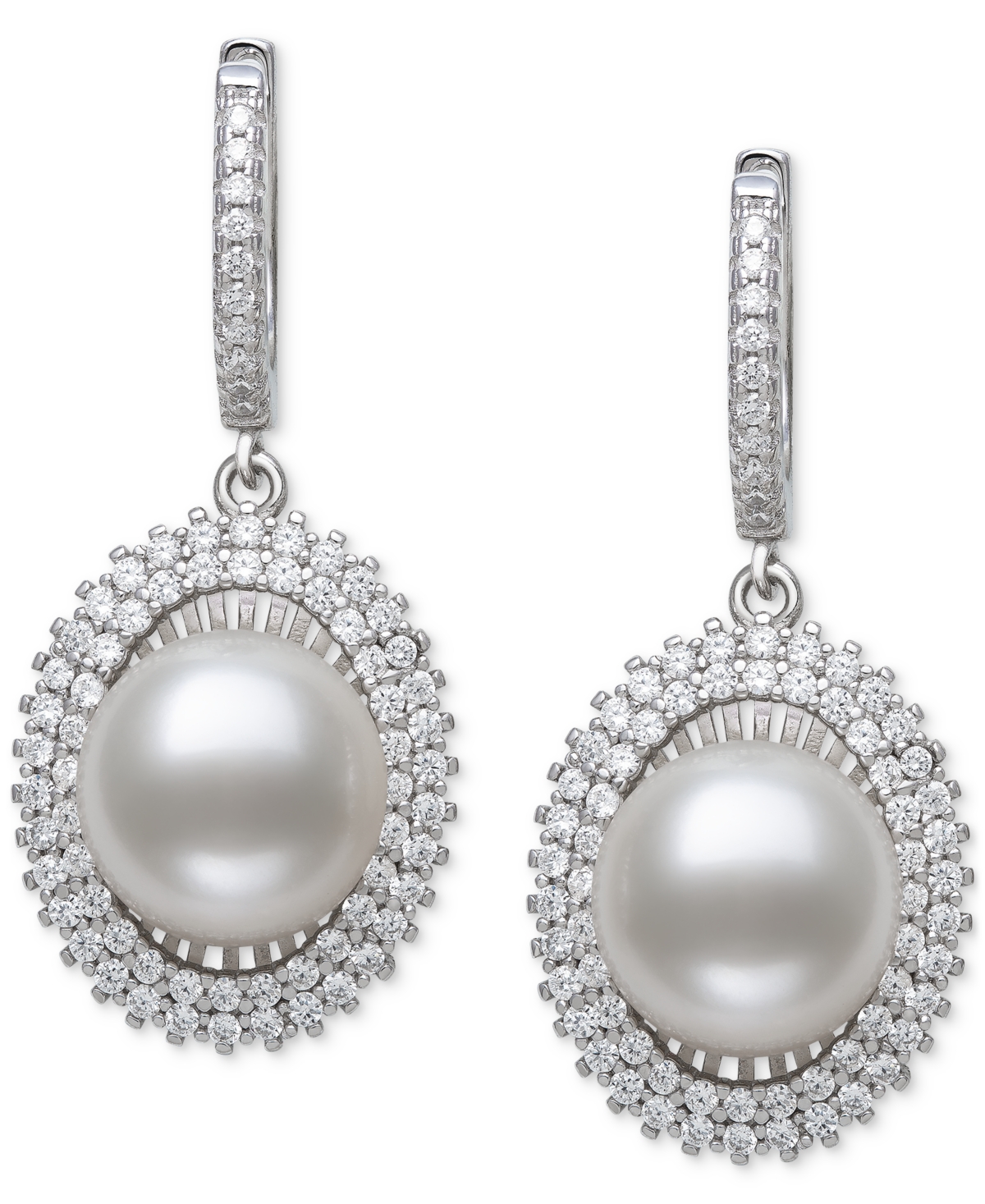 BELLE DE MER PEACOCK BLACK CULTURED FRESHWATER PEARL (10MM) & CUBIC ZIRCONIA HALO DROP EARRINGS IN STERLING SILVE 