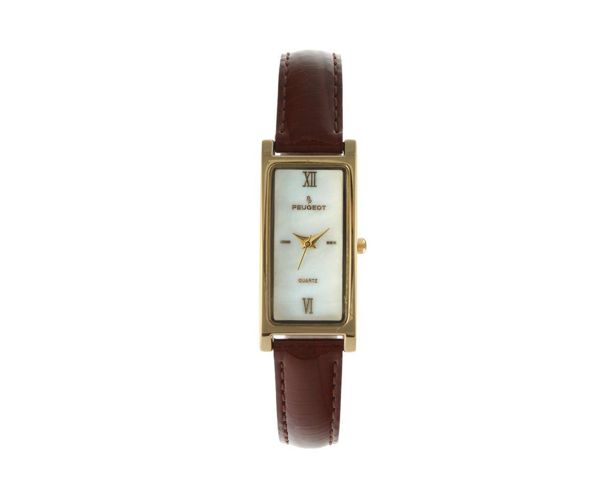 Women's Rectangular Gold-Tone Case Watch Glossy Brown Leather Strap - Brown