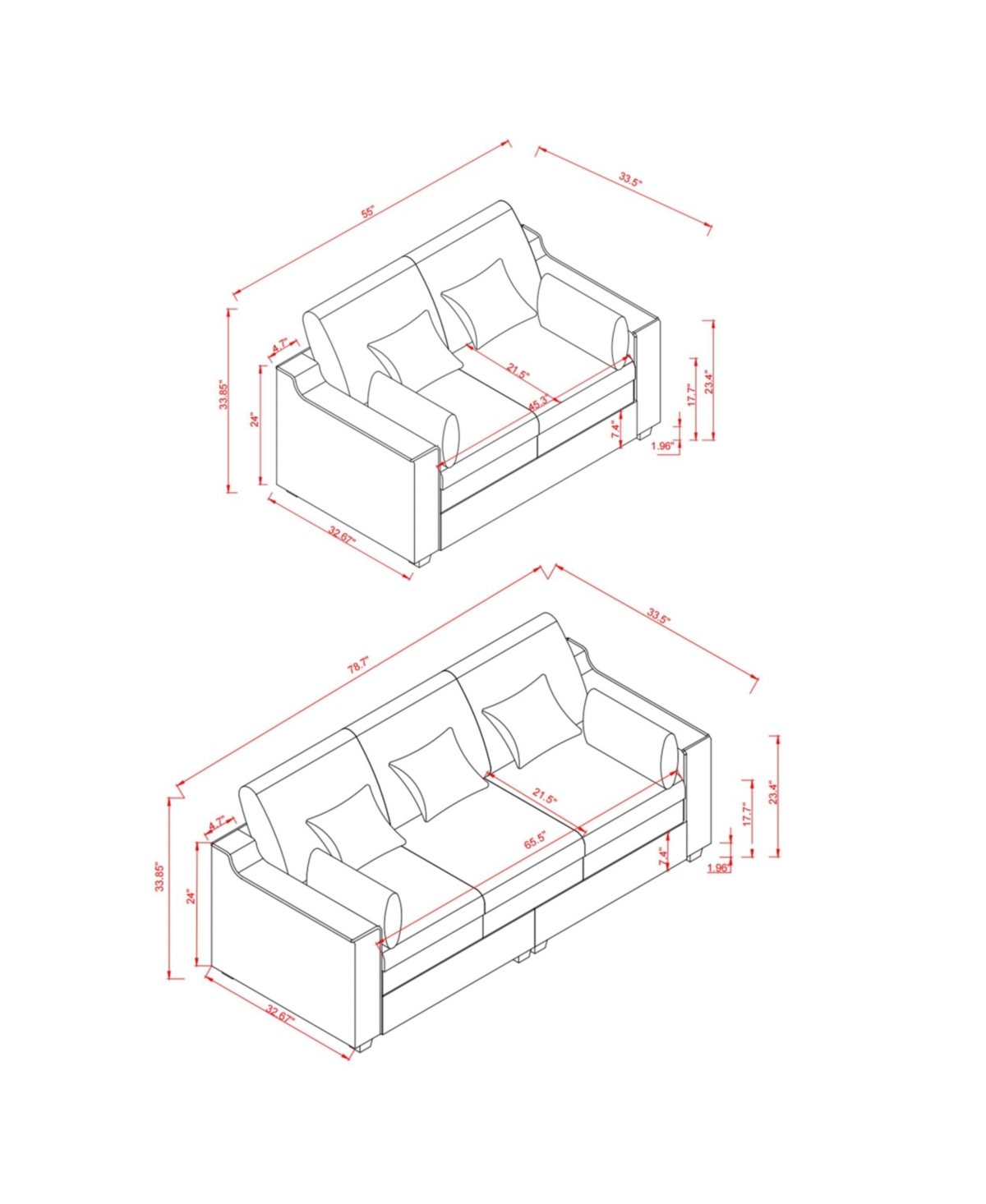 Streamdale Furniture 2 Pieces Sofa Couch 3-Seater and Loveseat with Pillows Polyester Upholstered Duck Down Filled Cushion Sofa Set for Living Room Ap