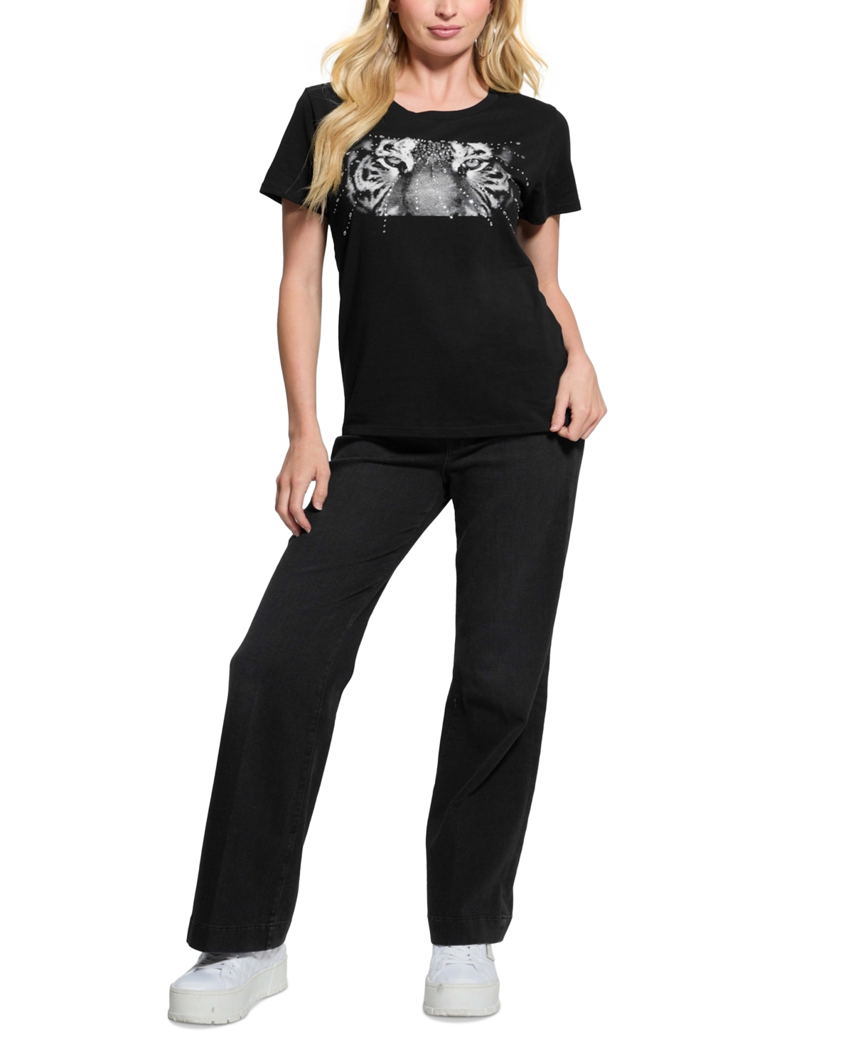 Guess Women's Tiger Eyes Graphic Crewneck Cotton Easy T-Shirt - Jet Black A996