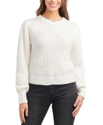 BCX - Juniors' Embroidered Open-Knit Crewneck Sweater