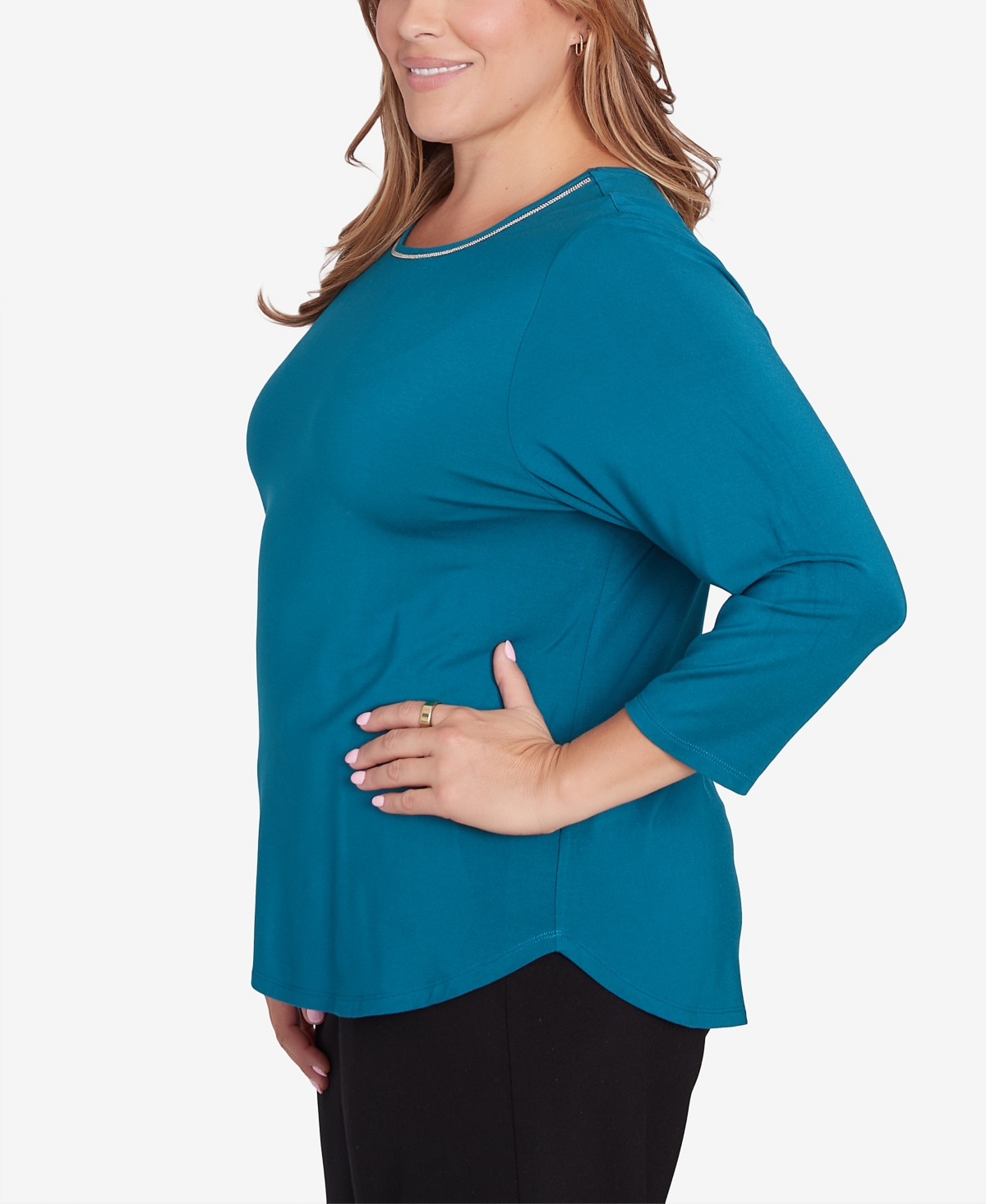 Ruby Rd. Plus Size Micro Bead Chain Stretch Solid Top In Adriatic