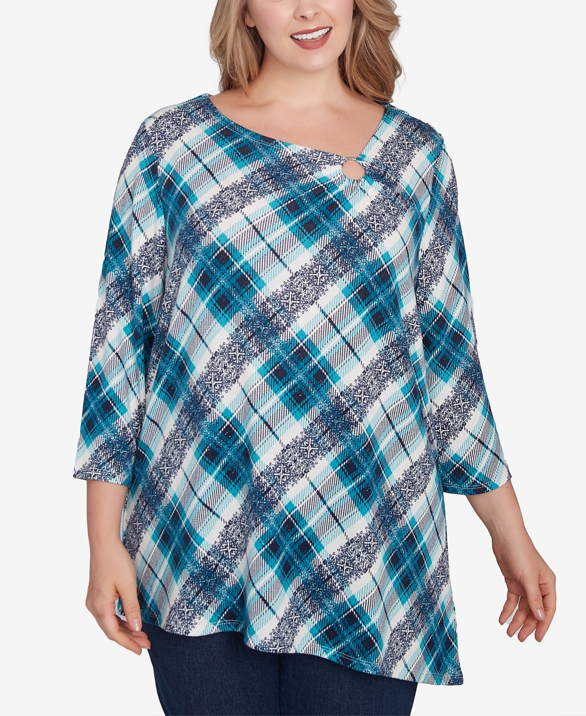 Plus Size Ring Neck Plaid Hatchi Knit Top - Navy Multi