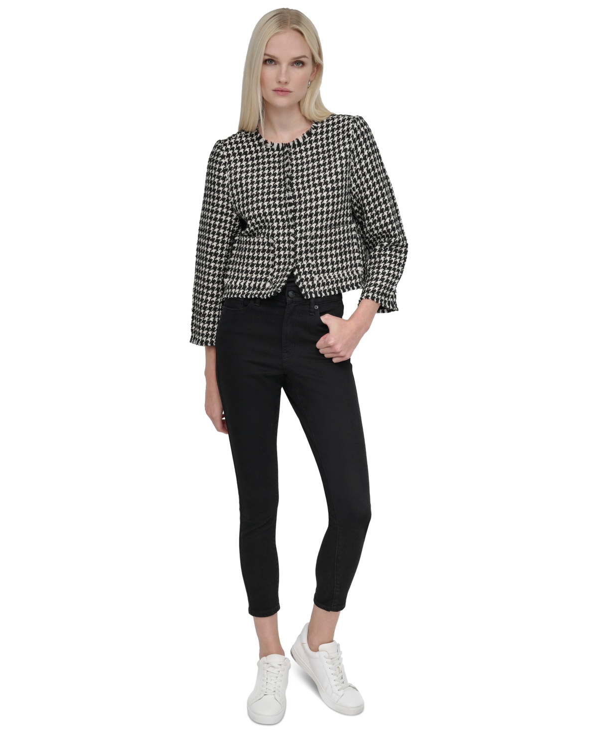 DKNY JEANS WOMEN'S FRAYED CROPPED LONG-SLEEVE JACKET 