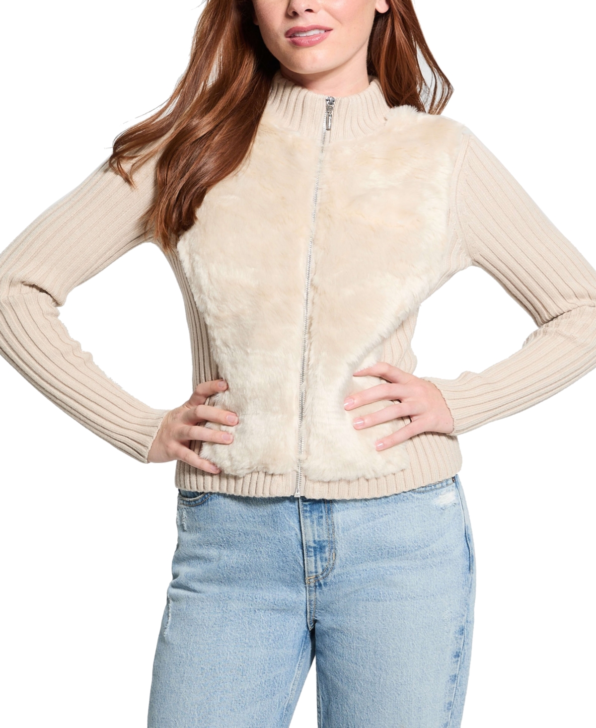 Guess Women's Mila Mixed Media Faux-Fur Zip-Front Cardigan