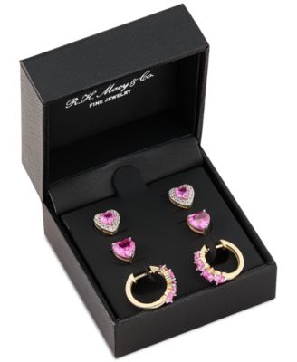 3-Pc. Set Lab Created Pink Sapphire (6 ct. t.w.) & Lab Created White Sapphire (1/2 ct. t.w.) Heart Stud & Small Hoop Earrings 14k Gold-Plated Sterling Silver