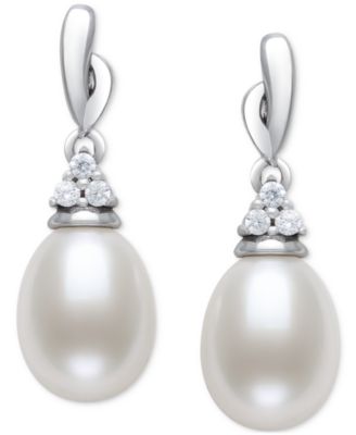 Cultured Freshwater Pearl (7-8mm) & Lab-Created White Sapphire Accent Drop Earrings in Sterling Silver
