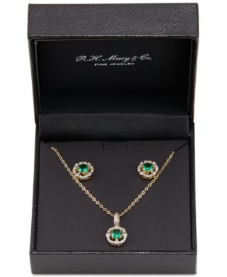 2-Pc. Set Lab Created Emerald (7/8 ct. t.w.) & Lab Created White Sapphire (1/3 ct. t.w.) Vintage Inspired Halo Pendant Necklace & Matching Stud Earrings in 14k Gold-Plated Sterling Silver