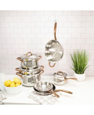 Ouro Gold 11Pc 18/10 Stainless Steel Cookware Set, SS Lids, Rose Gold Handles