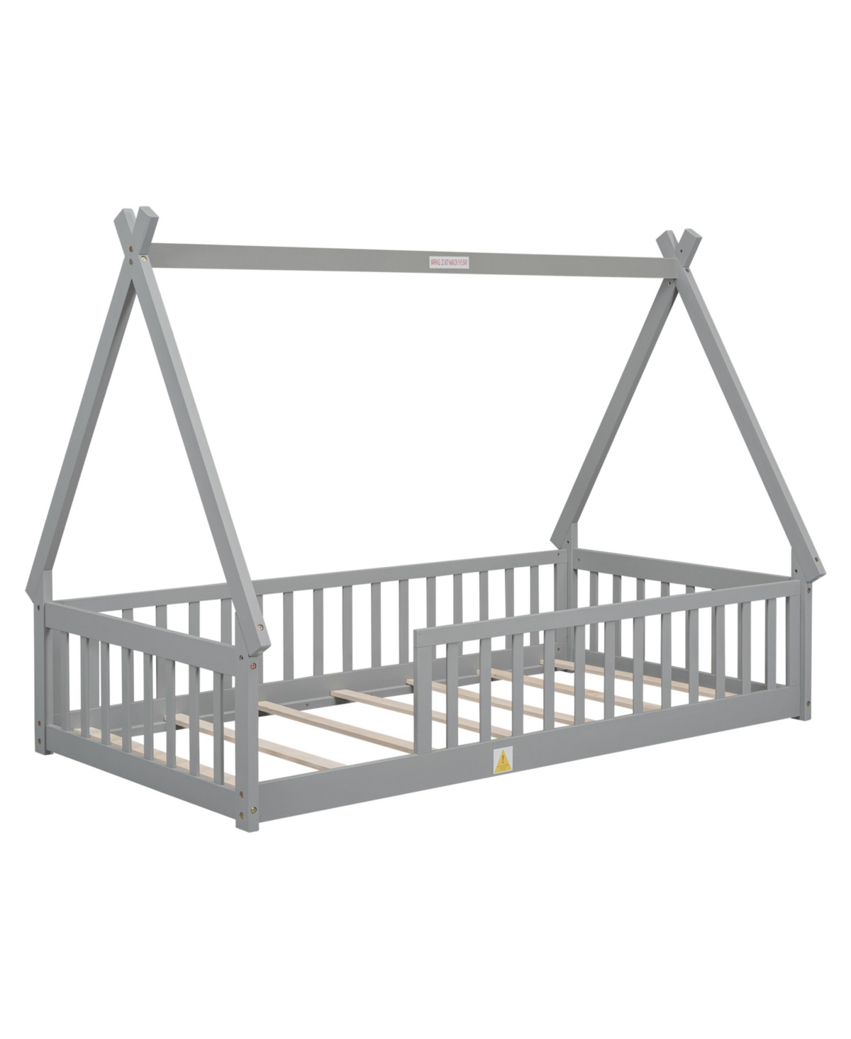 Slickblue Twin Tent-Shaped Floor Bed - Teepee Design with Guardrails and Slats, Perfect for Cozy and Safe Sleeping Spaces for Kids - Grey