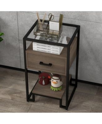 Nightstand, End Table with Storage Drawer and 3-Tier Storage & Tempered Glass Top, Bedside Furniture with Steel Frame, Side Table for Bedroom
