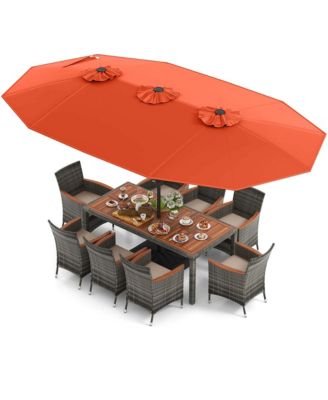 10 Pieces Patio Wicker Dining Set with Double-Sided Patio Umbrella 8 Armchairs