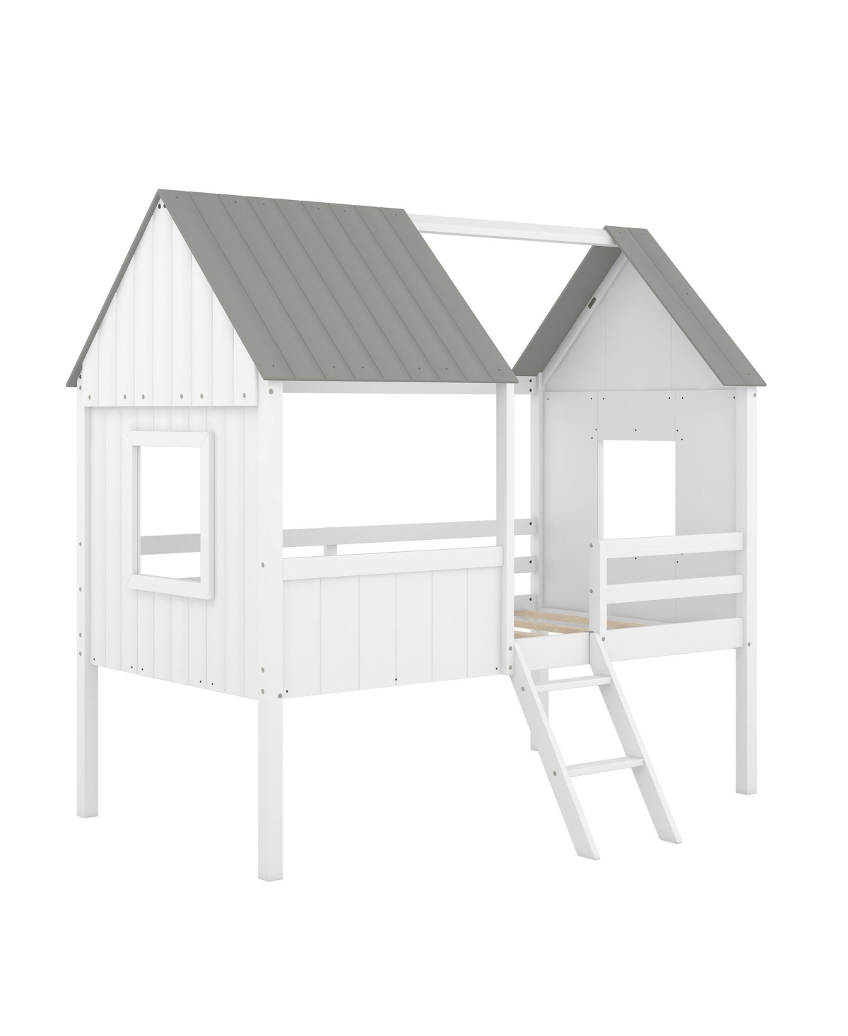 Slickblue Twin Size Low Loft Wood House Bed with Two Side Windows (White+Brown)