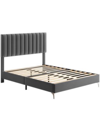 Bed Frame Modern Velvet Upholstered 11 Inch Bed Frame with Headboard No Box Spring Needed, Gray