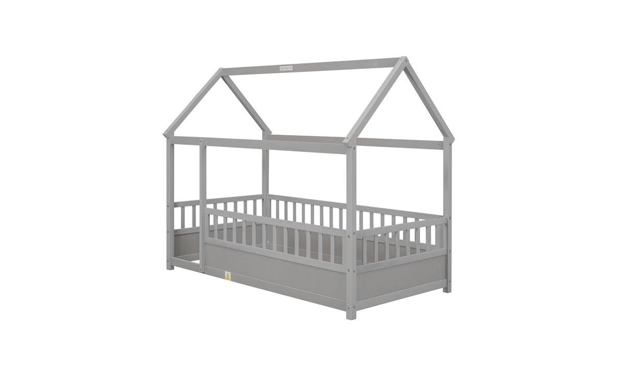 Slickblue Twin Size Floor Wooden Bed with House Roof Frame, Fence Guardrails