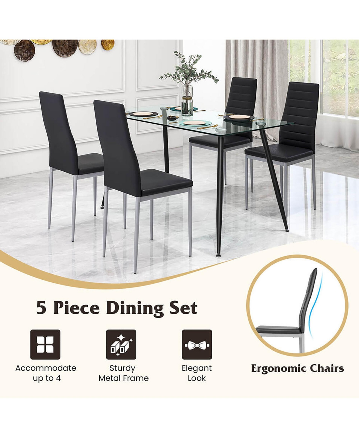 Gymax 5 Pcs 51'' Rectangle Dining Set 0.3'' Thick Glass Table w/ 4 Padded Dining Chairs - Black+silver