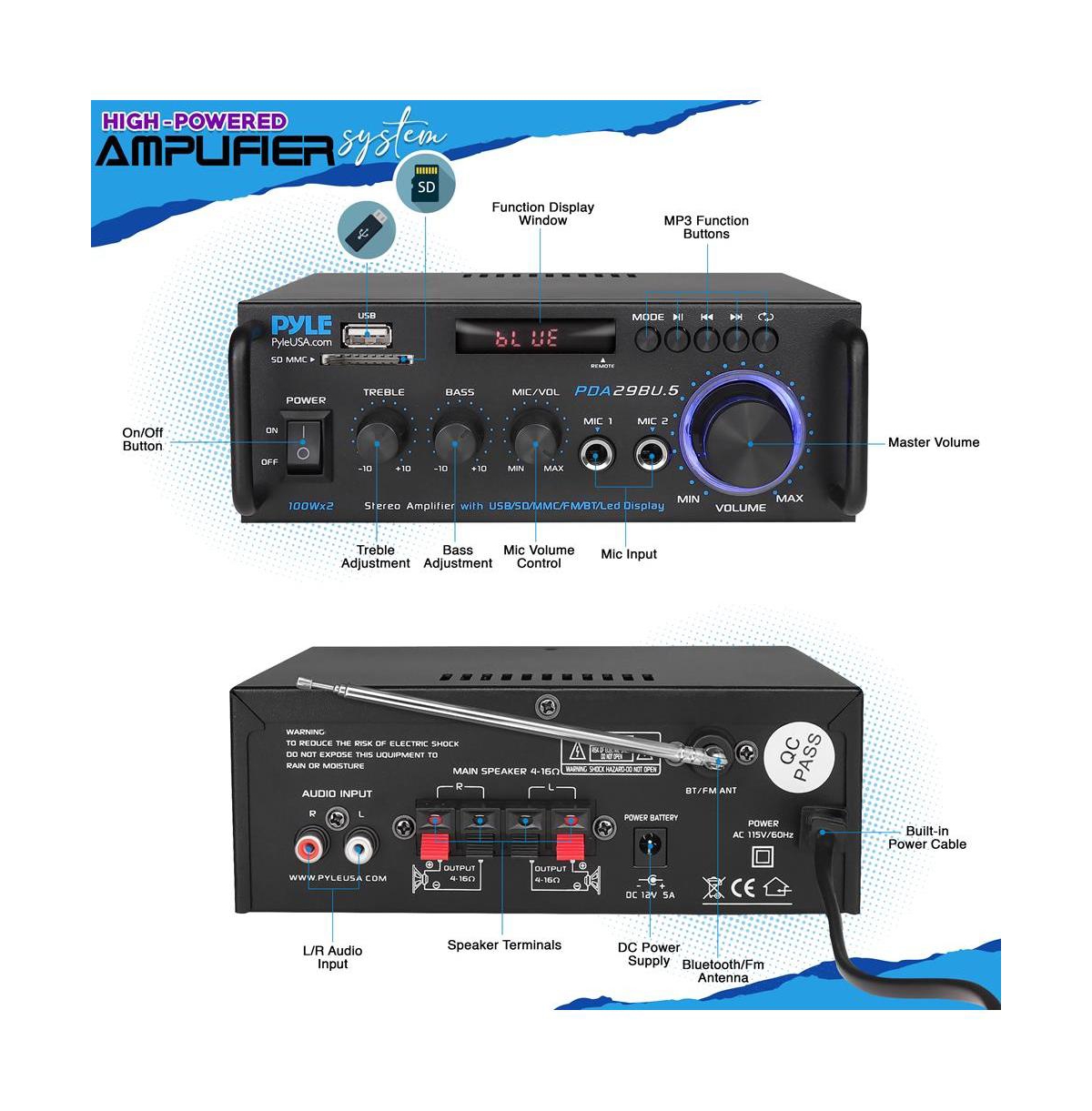 Pyle Stereo Power Amplifier With Bluetooth, Rca, Usb/Sd/Fm