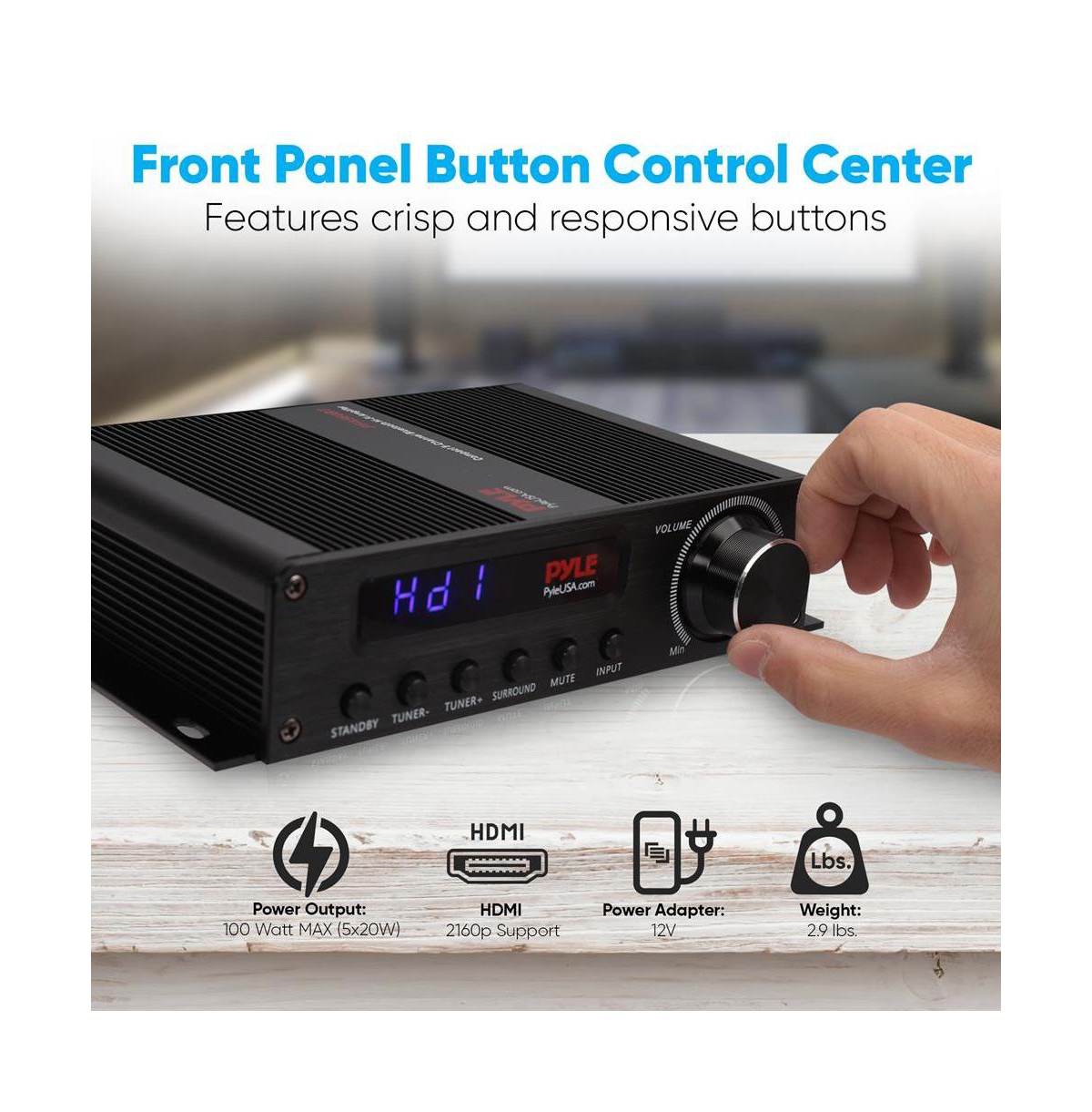 Pyle 5.1-Channel Wireless Bluetooth Amplifier With Hdmi Output, Fm Radio, & Digital Led Display, 100 Watt