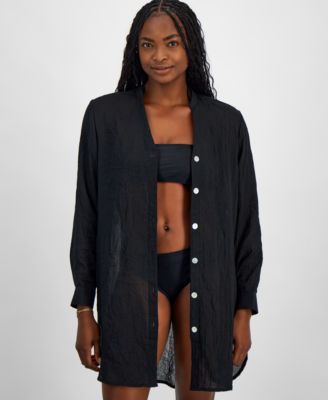 J Valdi - Women's Big Shirt Button-Front Long-Sleeve Swim Cover-Up