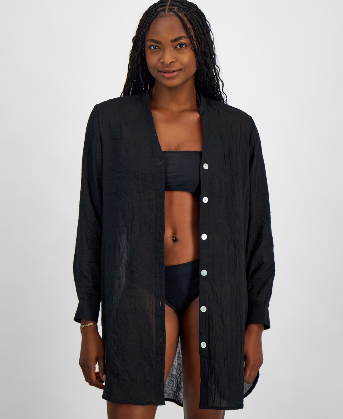 Women's Big Shirt Button-Front Long-Sleeve Swim Cover-Up - White