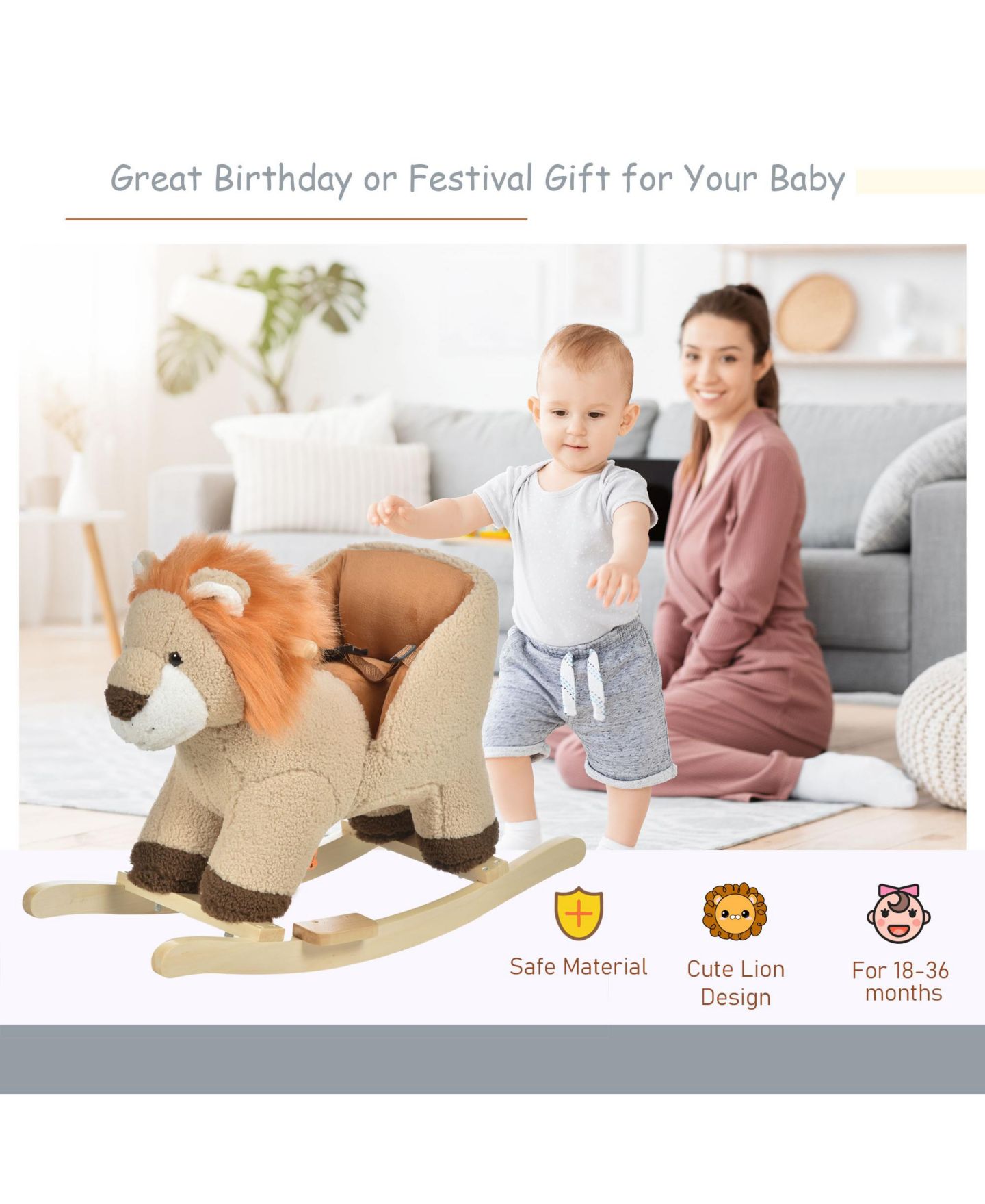 Детская мягкая игрушка Streamdale Furniture Lion Plush Rocking Horse with Sound, Ages 18-36 Months, цвет: Коричневый — фото 8