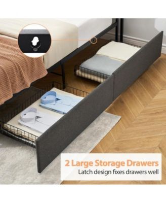 King Size Bed Frame with 2 Storage Drawers and Charging Station, Rustic Linen Upholstered Platform Bed Frame with Storage Headboard, Gray