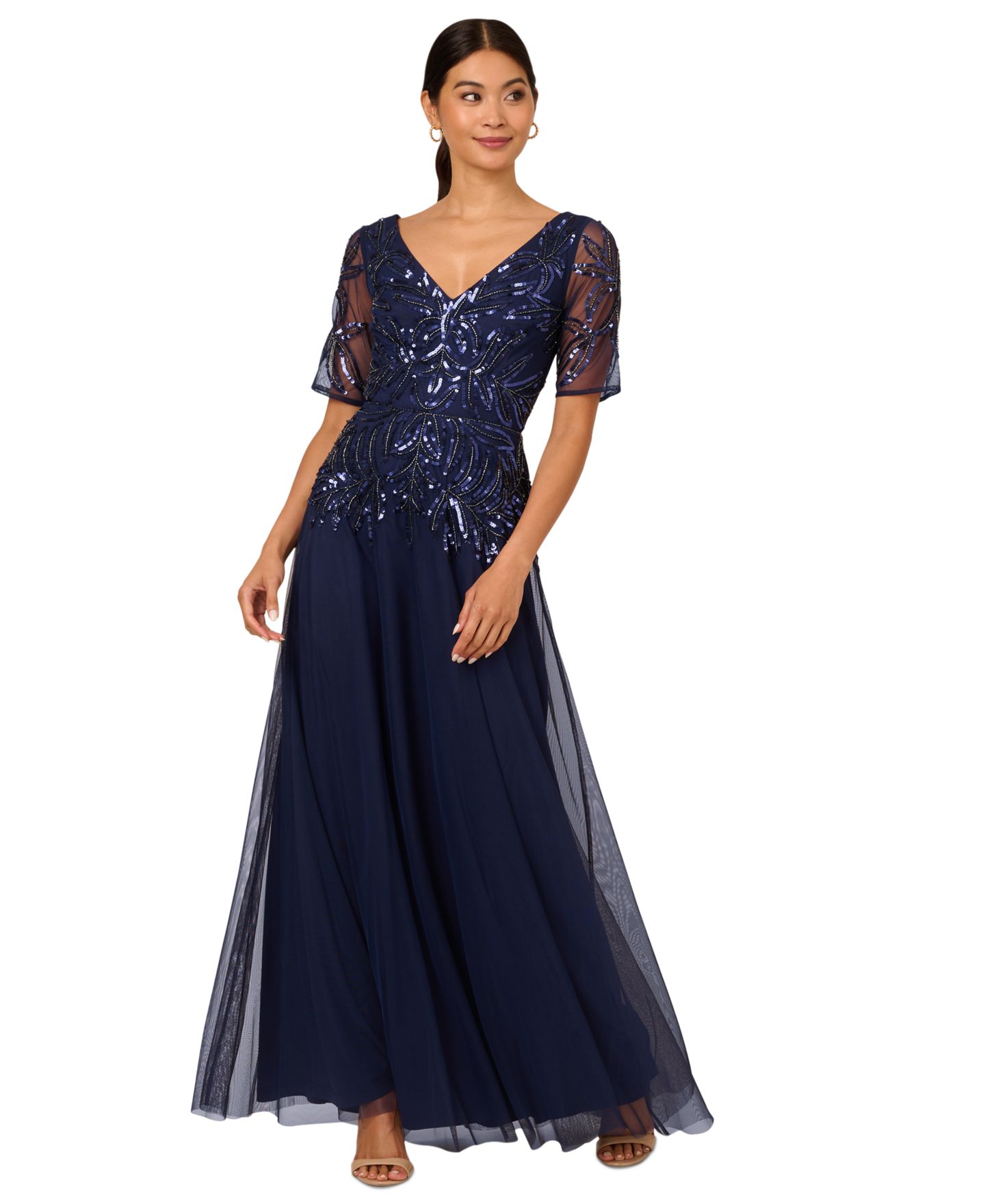 Женские платья Adrianna Papell Embellished Mesh V-Neck Gown, цвет: Светлый тёмно-синий — фото 2