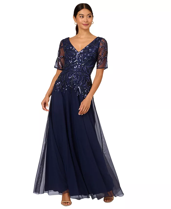 Women's Embellished Mesh V-Neck Gown - thumbnail 2