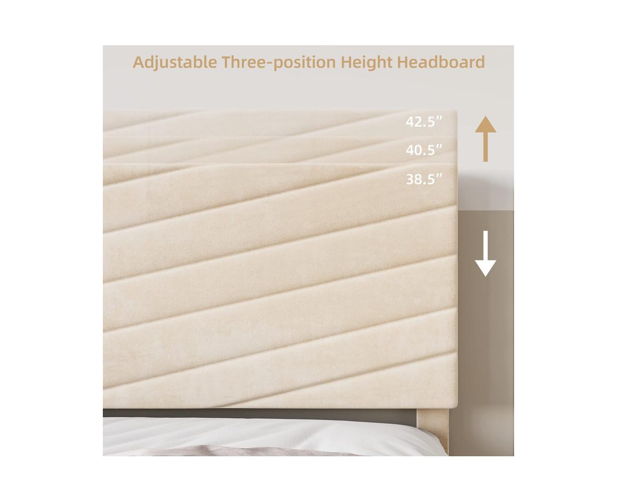 Garmin King Size Bed Frame with Adjustable Headboard, Velvet Upholstered Platform Bed, Solid Wood Slats Support, No Box Spring Needed -khaki