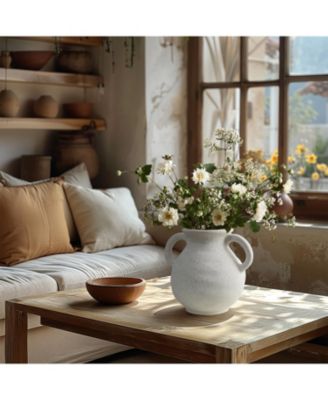 White Ceramic Jug Round Vase with Two Handles