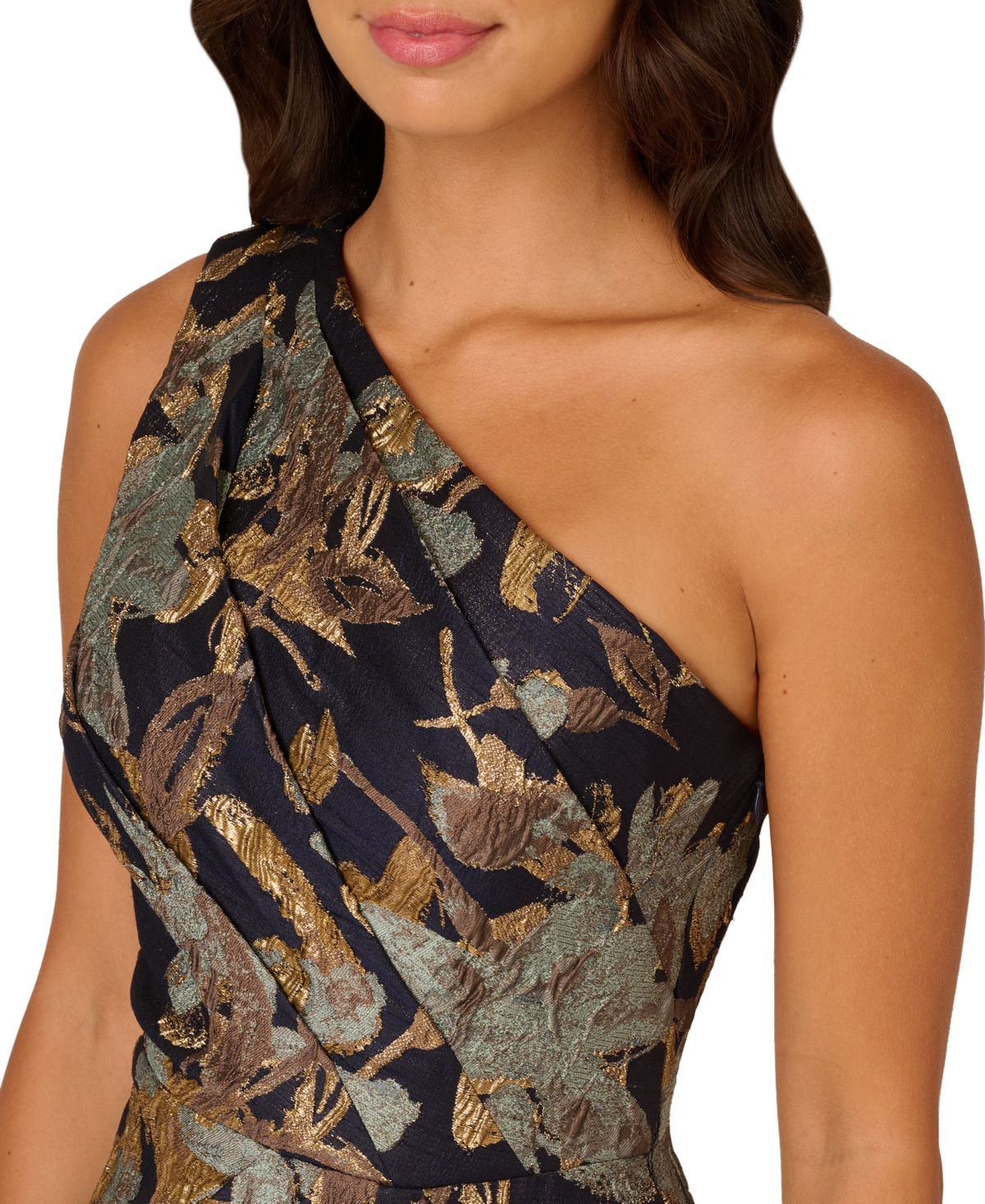 Shop Adrianna Papell Petite Floral-jacquard One-shoulder Gown In Blue,gold