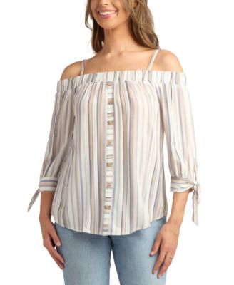 BCX - Juniors' Striped Tie-Cuff Off-The-Shoulder Top