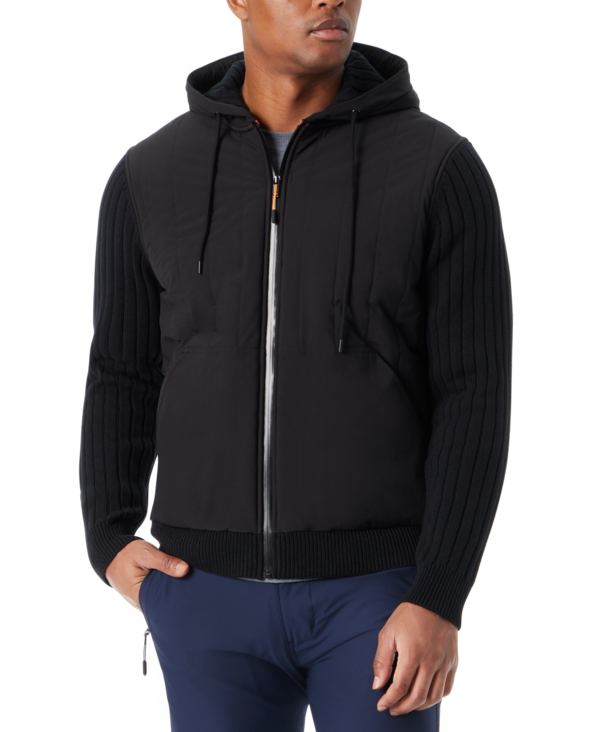Men's Mixed Media Zip-Front Hooded Sweater Jacket - Navy Blaze