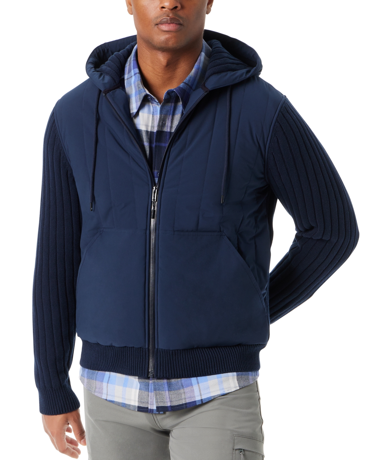 Men's Mixed Media Zip-Front Hooded Sweater Jacket - Navy Blaze