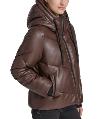 Women's Faux-Leather Hooded Puffer Jacket