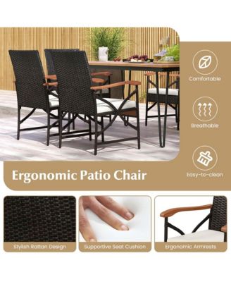7 PCS Patio Dining Set with Acacia Wood Dining Table Rattan Armchairs Soft Cushions