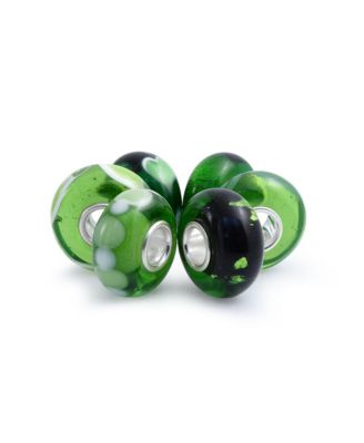 Set Of 6 Translucent Shades Of Green Swirl Floral Murano Glass Swirl Charm Bead Spacer .925 Sterling Silver Core Fits European Bracelet