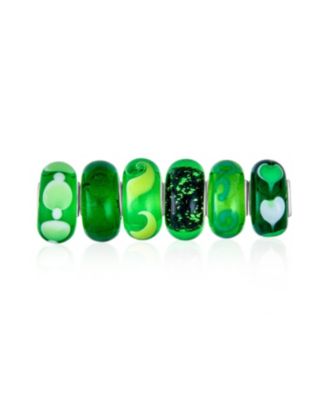 Set Of 6 Translucent Shades Of Green Swirl Floral Murano Glass Swirl Charm Bead Spacer .925 Sterling Silver Core Fits European Bracelet